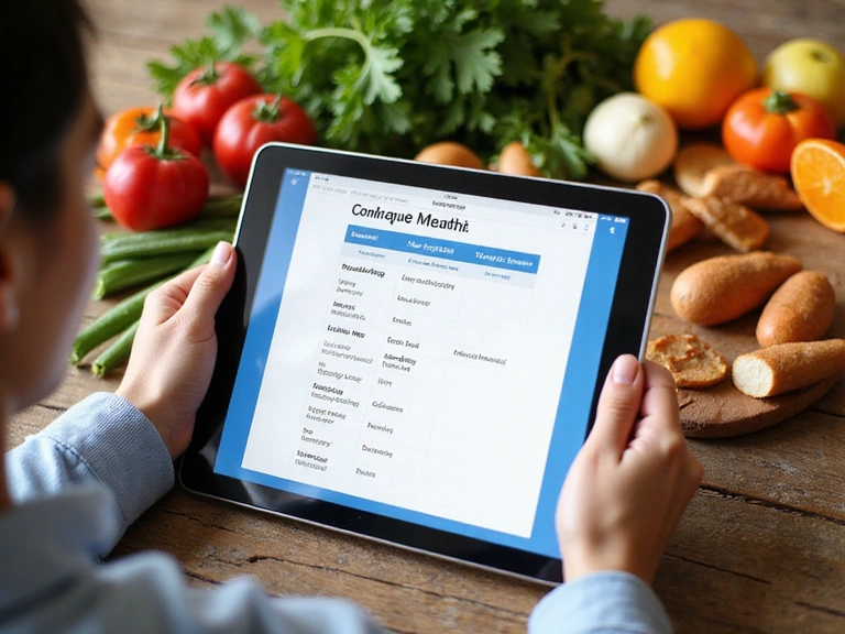 Osoba przeglądająca spersonalizowany plan żywieniowy na tablecie, obok leżą świeże warzywa i owoce, podkreślając indywidualne podejście i zdrowie
