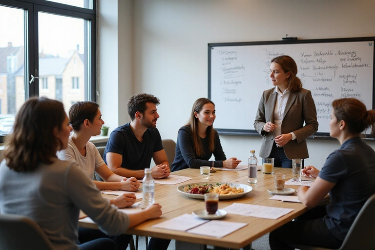 Grupa uczestników warsztatów żywieniowych aktywnie dyskutująca z prelegentem, w tle flipchart z notatkami.